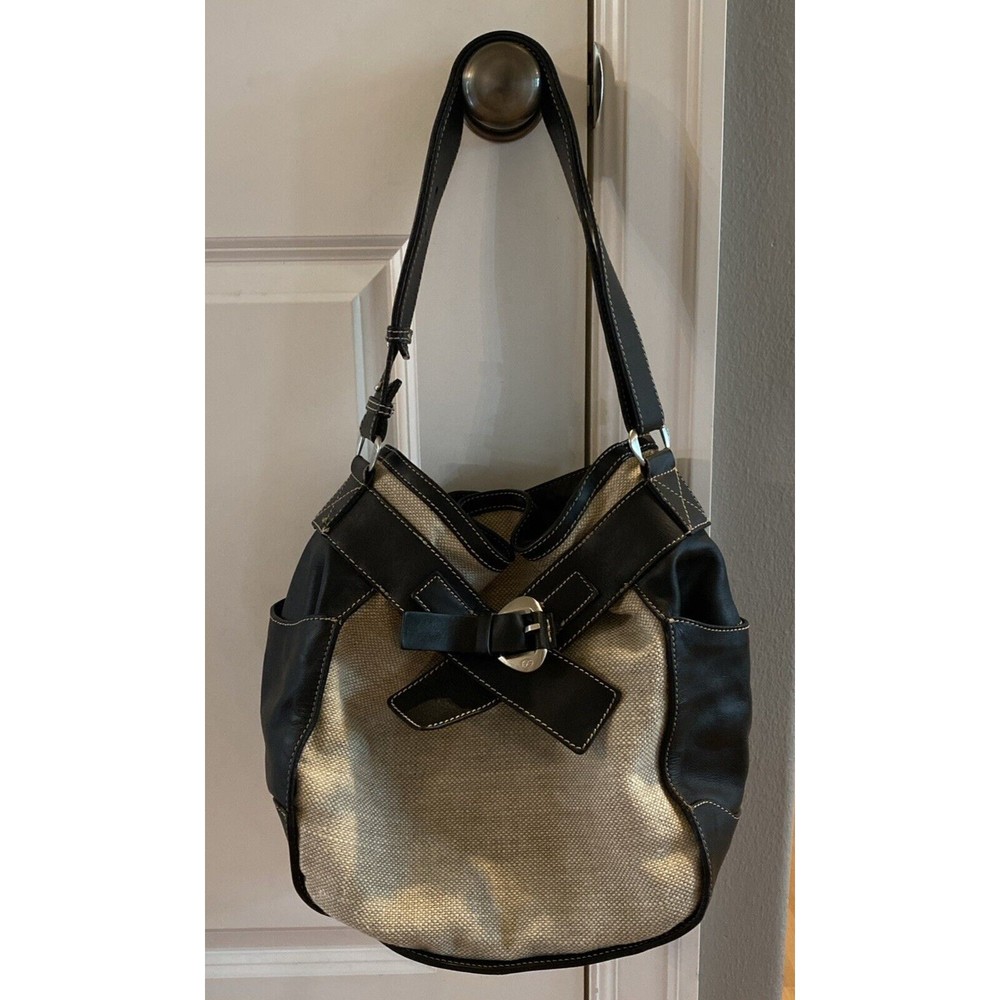 Francesco Biasia‎ Beige Linen Woven Black Leather Shoulder Bag